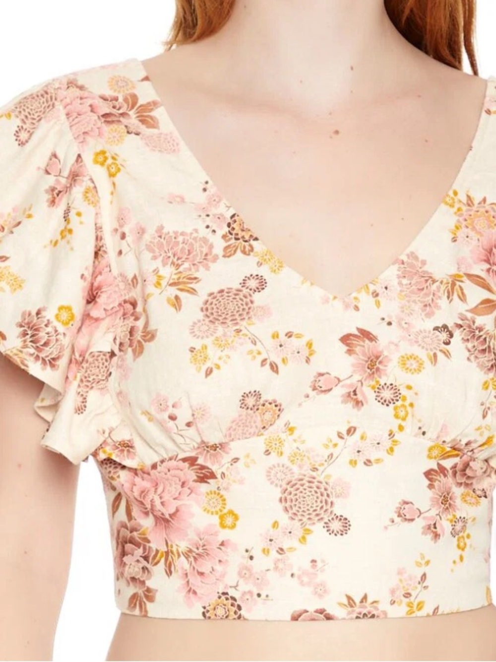 Forever 21 Floral V-Neck Ruffle Sleeve Crop Top - Pink & Cream EUC